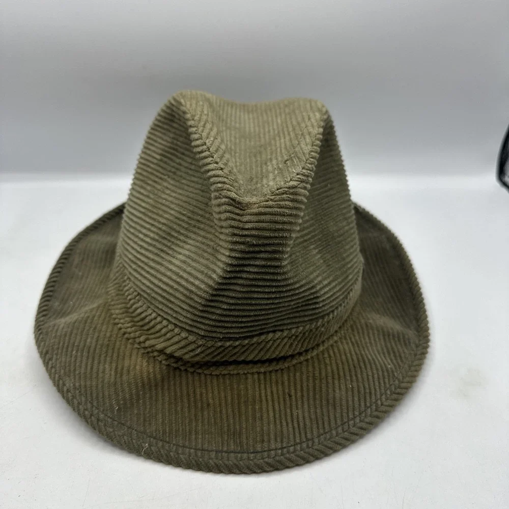 Olive Green Corduroy Fedora Hat Feather Accent Union Made Mens Hat Vintage